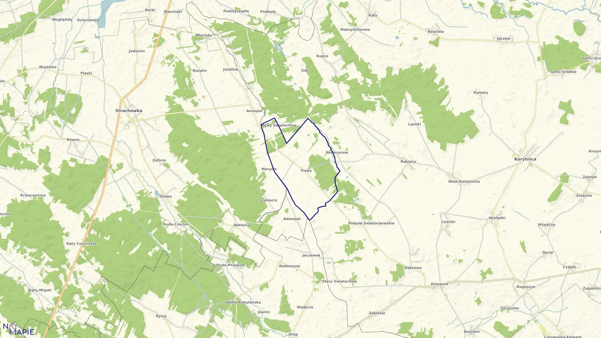 Mapa obrębu TRAWY w gminie Korytnica